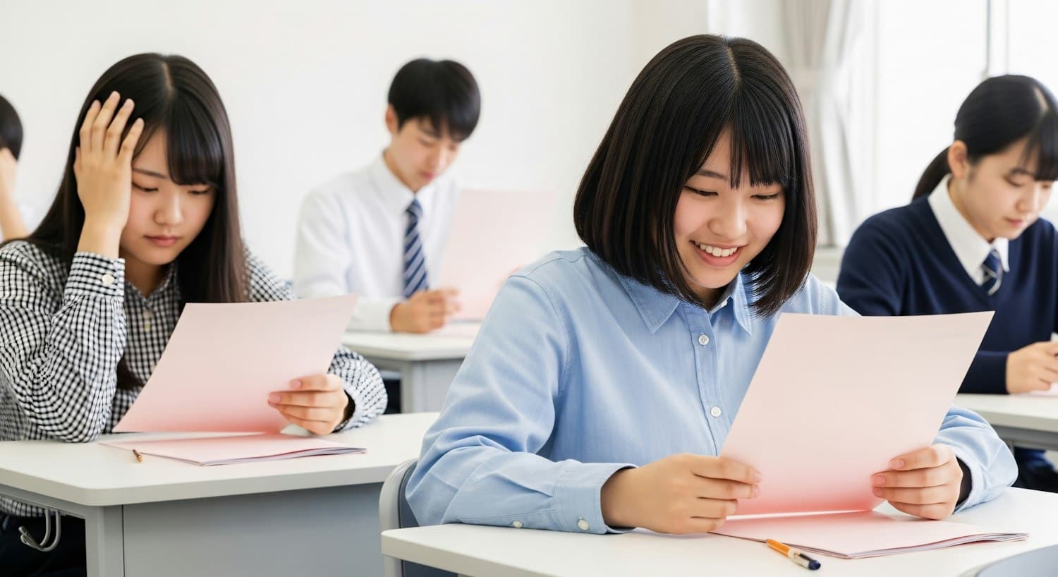 Students reading their test papers in a bright classroom