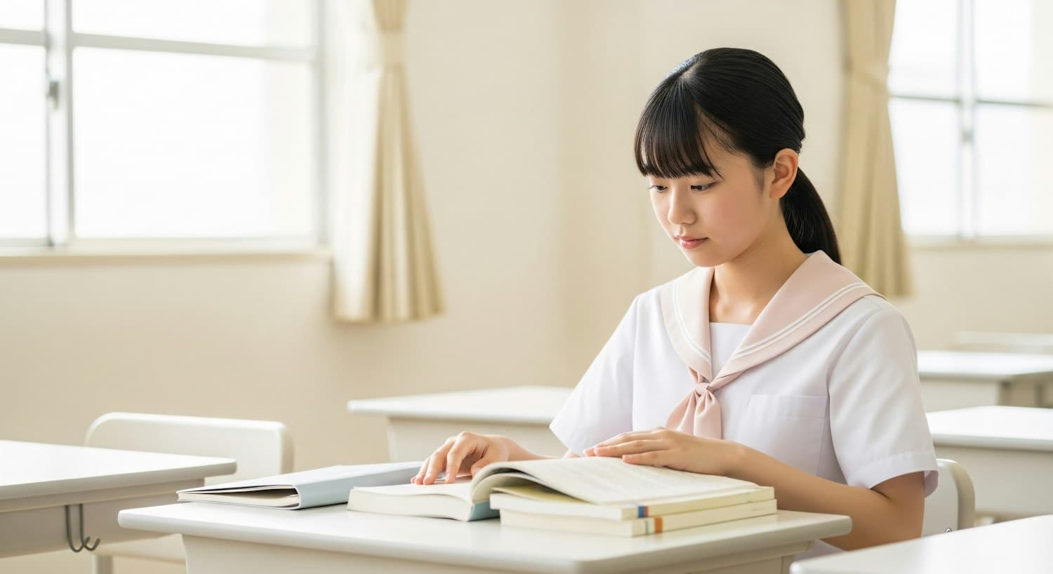 A student reading a textbook at her desk in a bright classroom