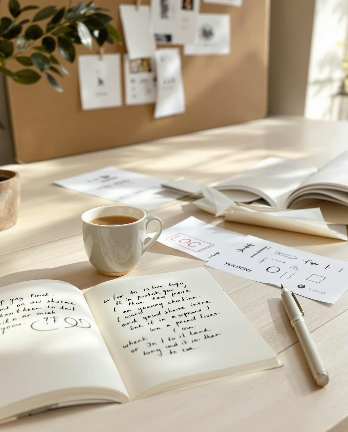 Open notebook, pen and a cup of coffee on a sunny desk