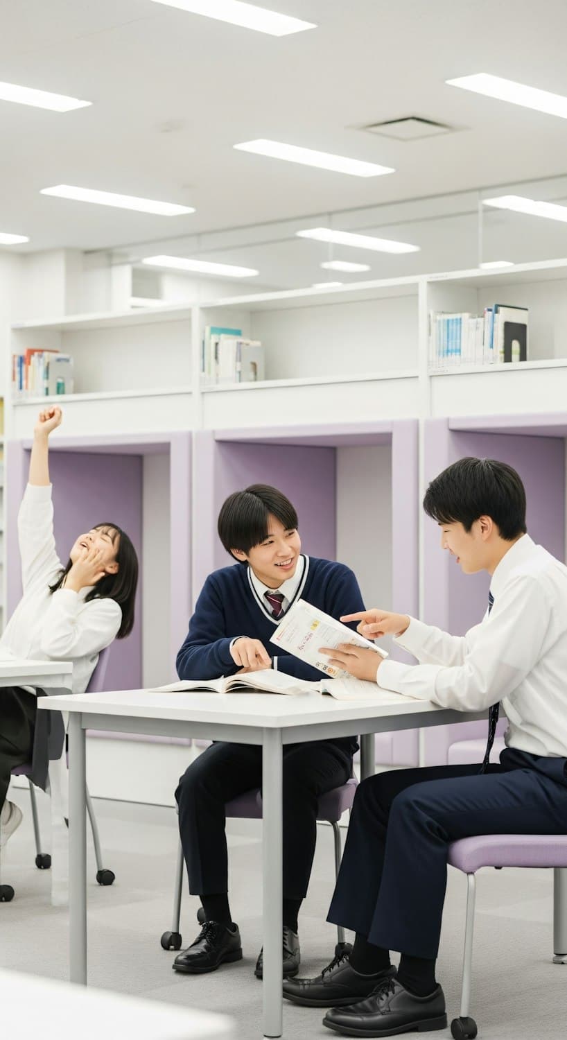 Three students studying English together at a table in a bright library